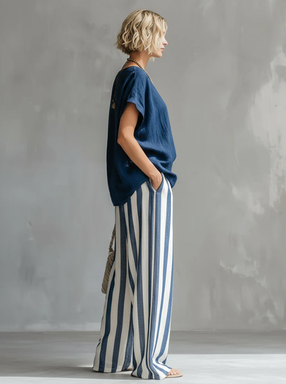 🎁New Arrivals🔥Cozy Loose-fit Striped Cotton-linen Two-piece Set