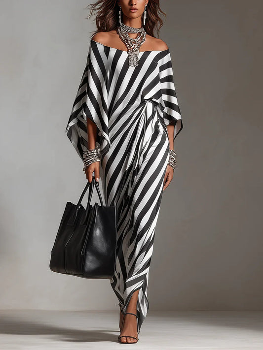 Women's Retro Statement Monochrome Stripe Asymmetric Maxi Dress