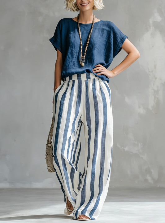 🎁New Arrivals🔥Cozy Loose-fit Striped Cotton-linen Two-piece Set