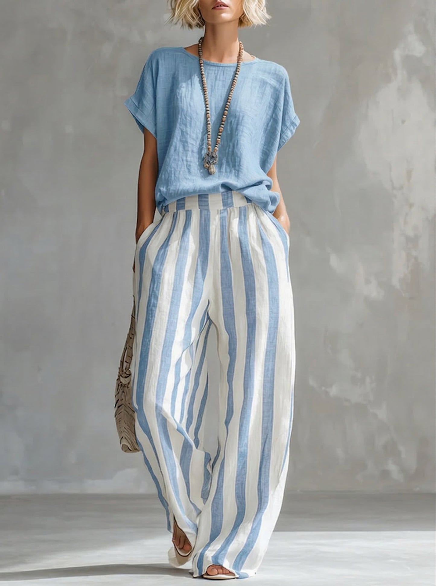 🎁New Arrivals🔥Cozy Loose-fit Striped Cotton-linen Two-piece Set