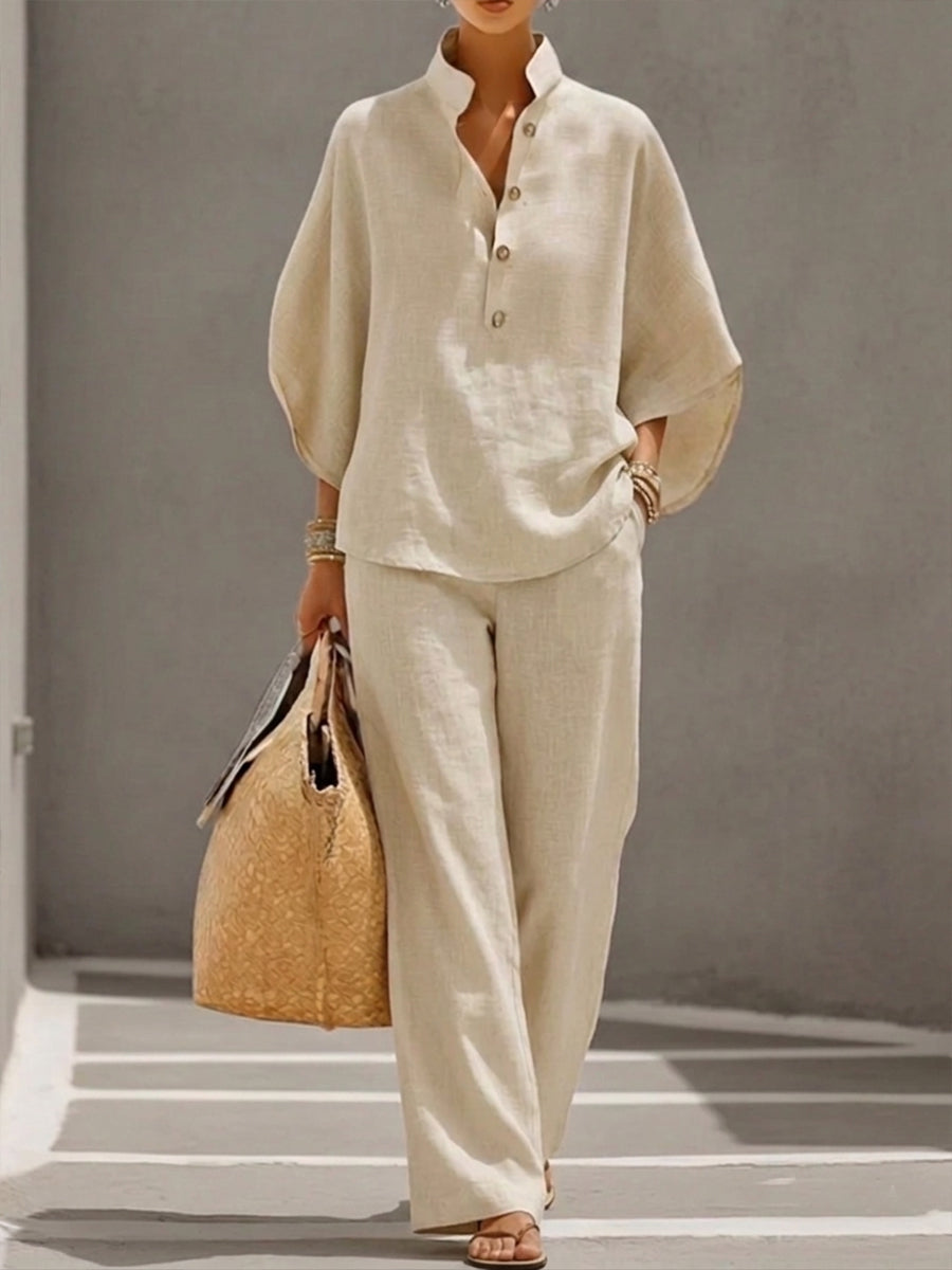🎁New Arrivals🔥Women’s Batwing Sleeve Linen Cotton Two-Piece Set – Casual Shirt & Wide Leg Pants Outfit