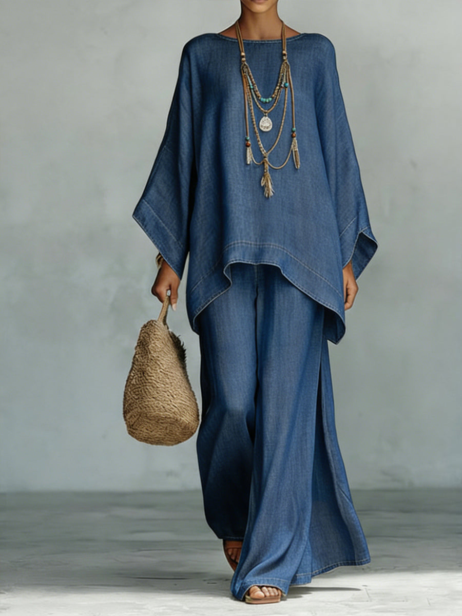 🎁New Arrivals🔥Cozy And Casual Tencel Denim Top And Wide-leg Pants Two-piece Set
