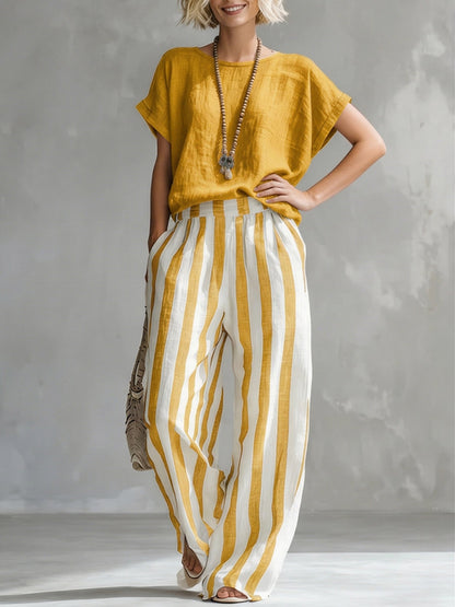 🎁New Arrivals🔥Cozy Loose-fit Striped Cotton-linen Two-piece Set