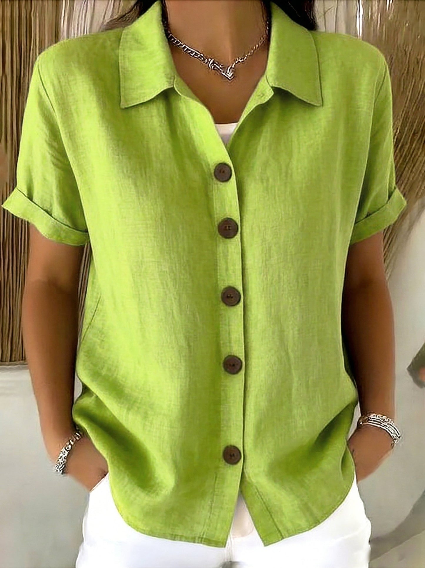 🎁New Arrivals🔥Women’s Linen Cotton Cozy Basic Button-Up Shirt – Casual Short Sleeve Summer Blouse