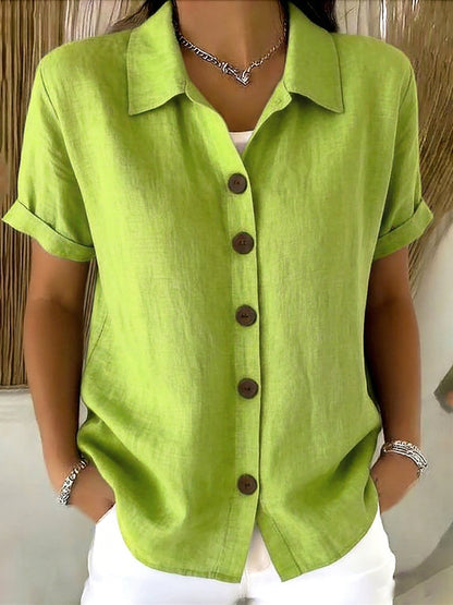 🎁New Arrivals🔥Women’s Linen Cotton Cozy Basic Button-Up Shirt – Casual Short Sleeve Summer Blouse