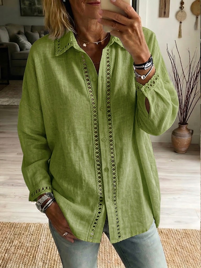 🎁New Arrivals🔥Casual Long-sleeve Linen-cotton Shirt With Spliced cutout Webbing