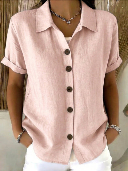 🎁New Arrivals🔥Women’s Linen Cotton Cozy Basic Button-Up Shirt – Casual Short Sleeve Summer Blouse
