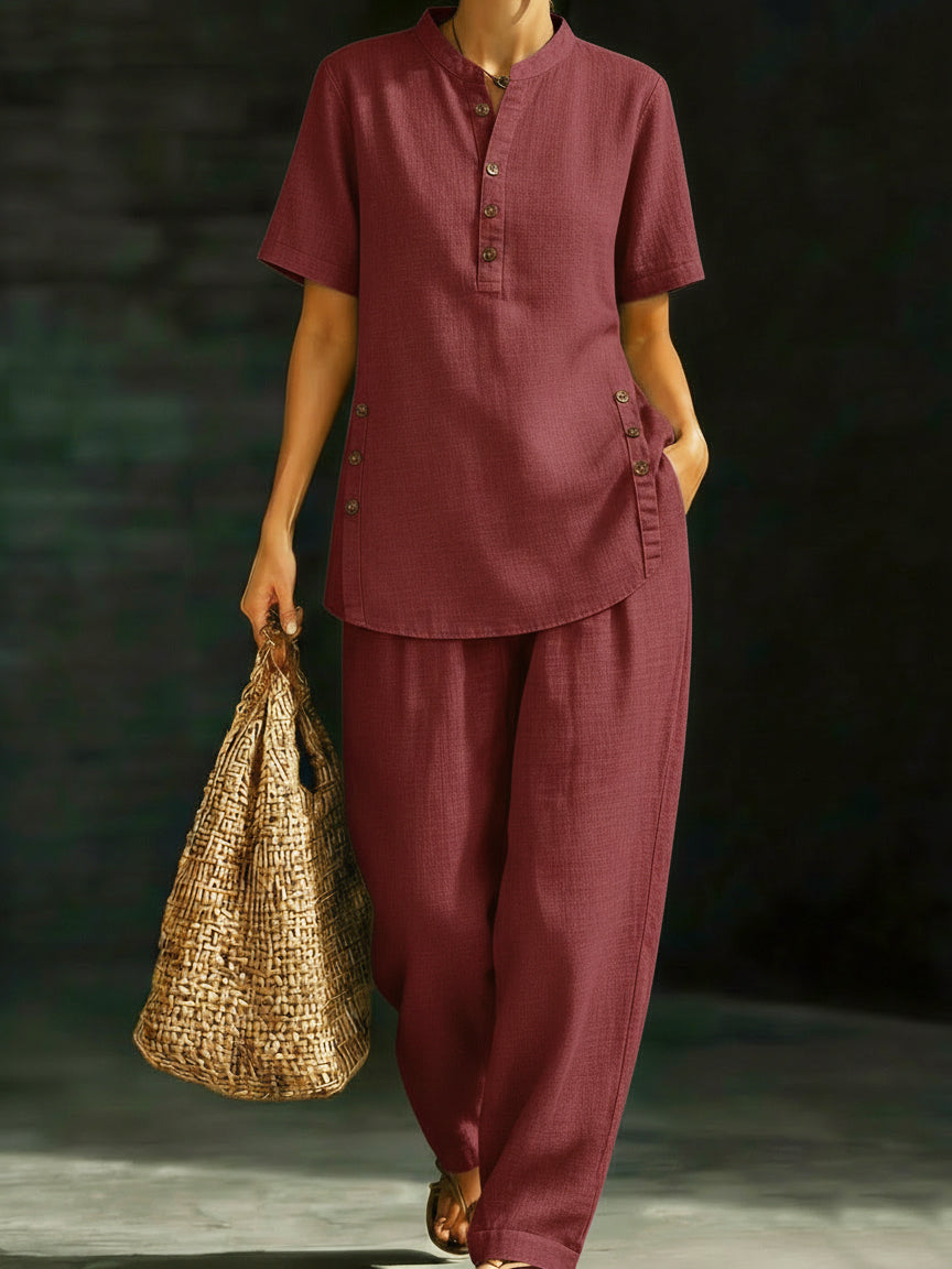 🎁New Arrivals🔥Cozy Casual Button Shirt And Wide-leg Pants Linen Two-piece Set