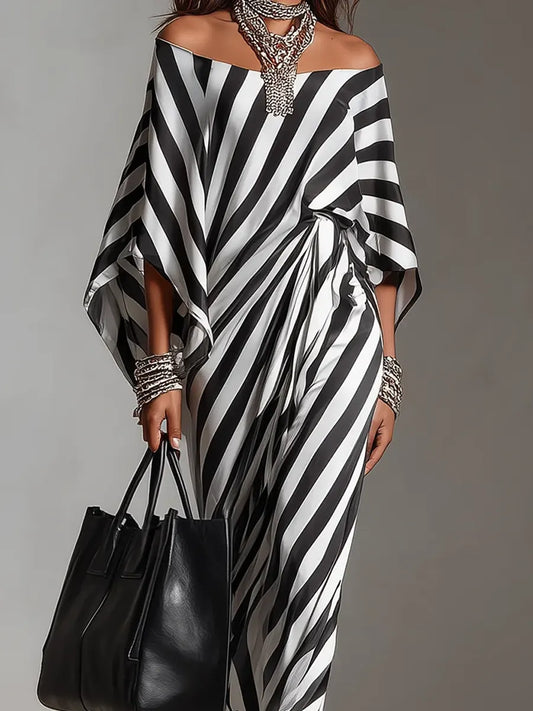 Women's Retro Statement Monochrome Stripe Asymmetric Maxi Dress