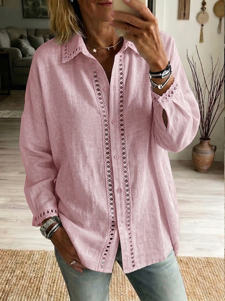 🎁New Arrivals🔥Casual Long-sleeve Linen-cotton Shirt With Spliced cutout Webbing