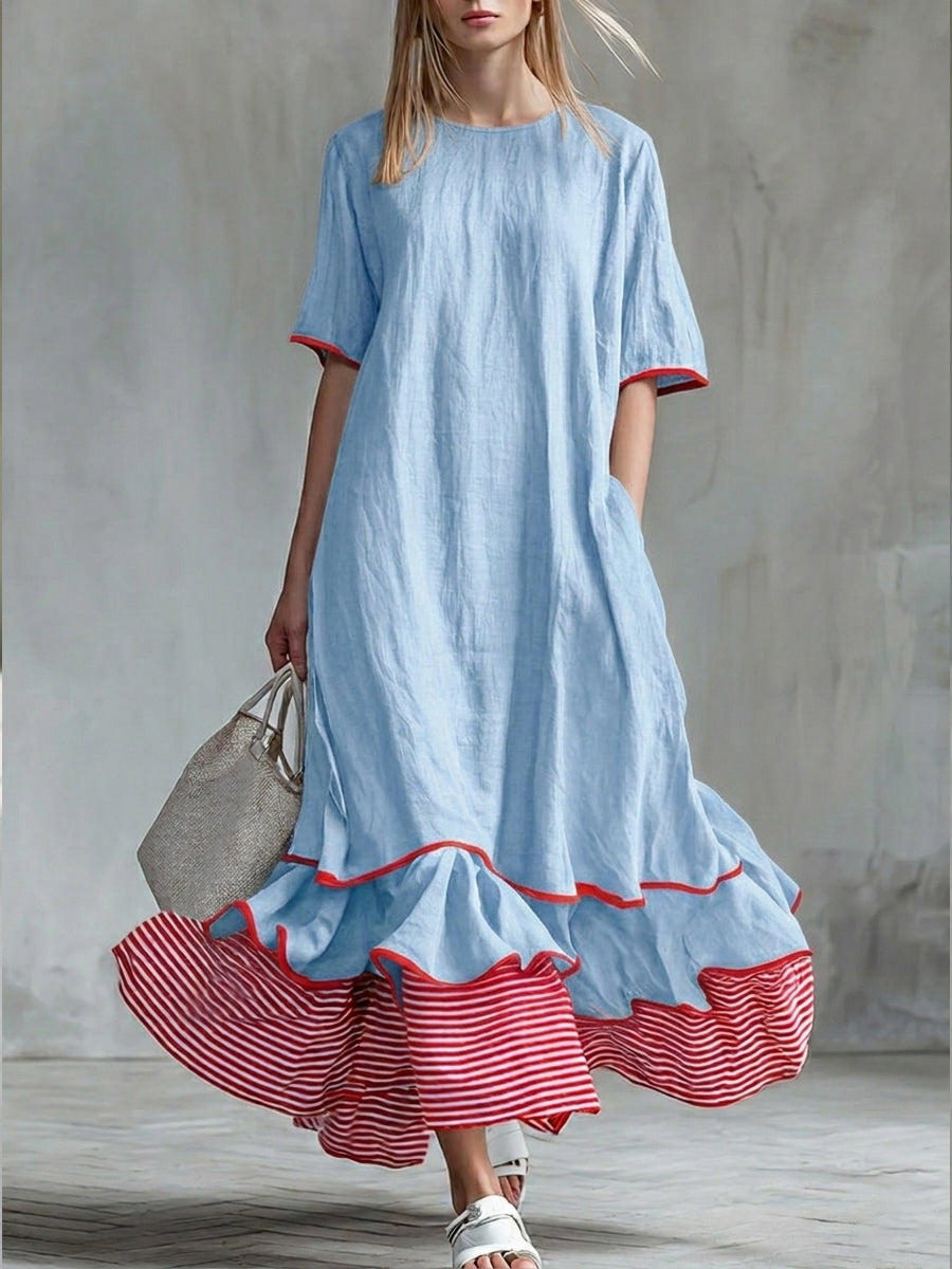 🎁New Arrivals🔥Women’s Patchwork Striped Midi Dress – Casual Red Summer Dress