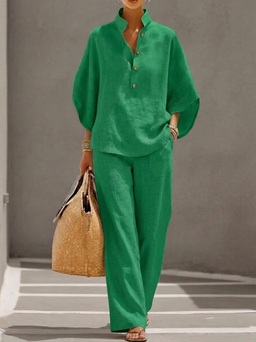 🎁New Arrivals🔥Women’s Batwing Sleeve Linen Cotton Two-Piece Set – Casual Shirt & Wide Leg Pants Outfit
