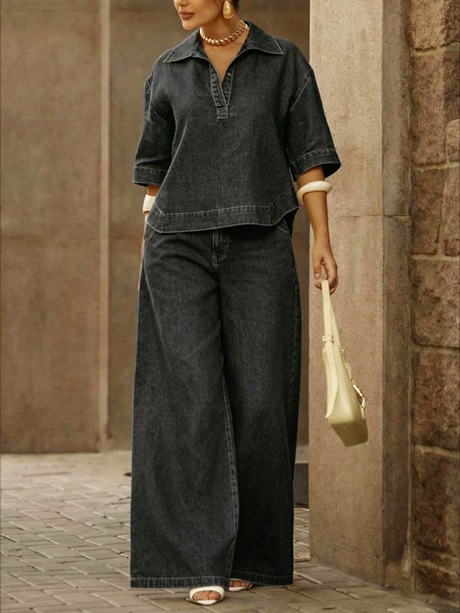 🎁New Arrivals🔥Women's Casual 100% Cotton Denim Top And Wide-leg Pants Two-piece Set