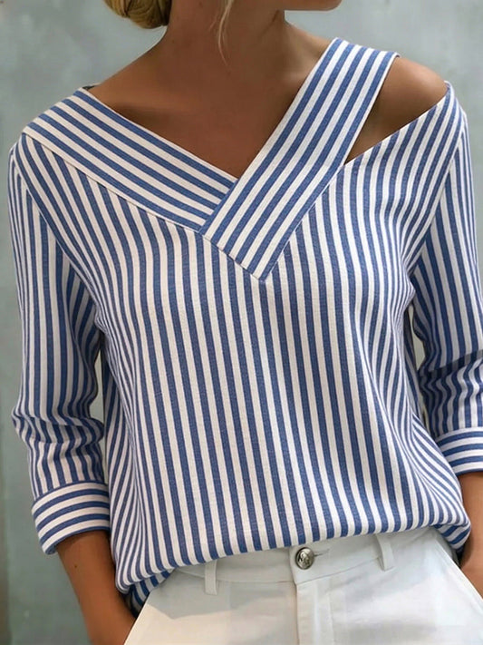 🎁New Arrivals🔥Stylish Off-shoulder Loose-fit Striped Cotton-linen Shirt