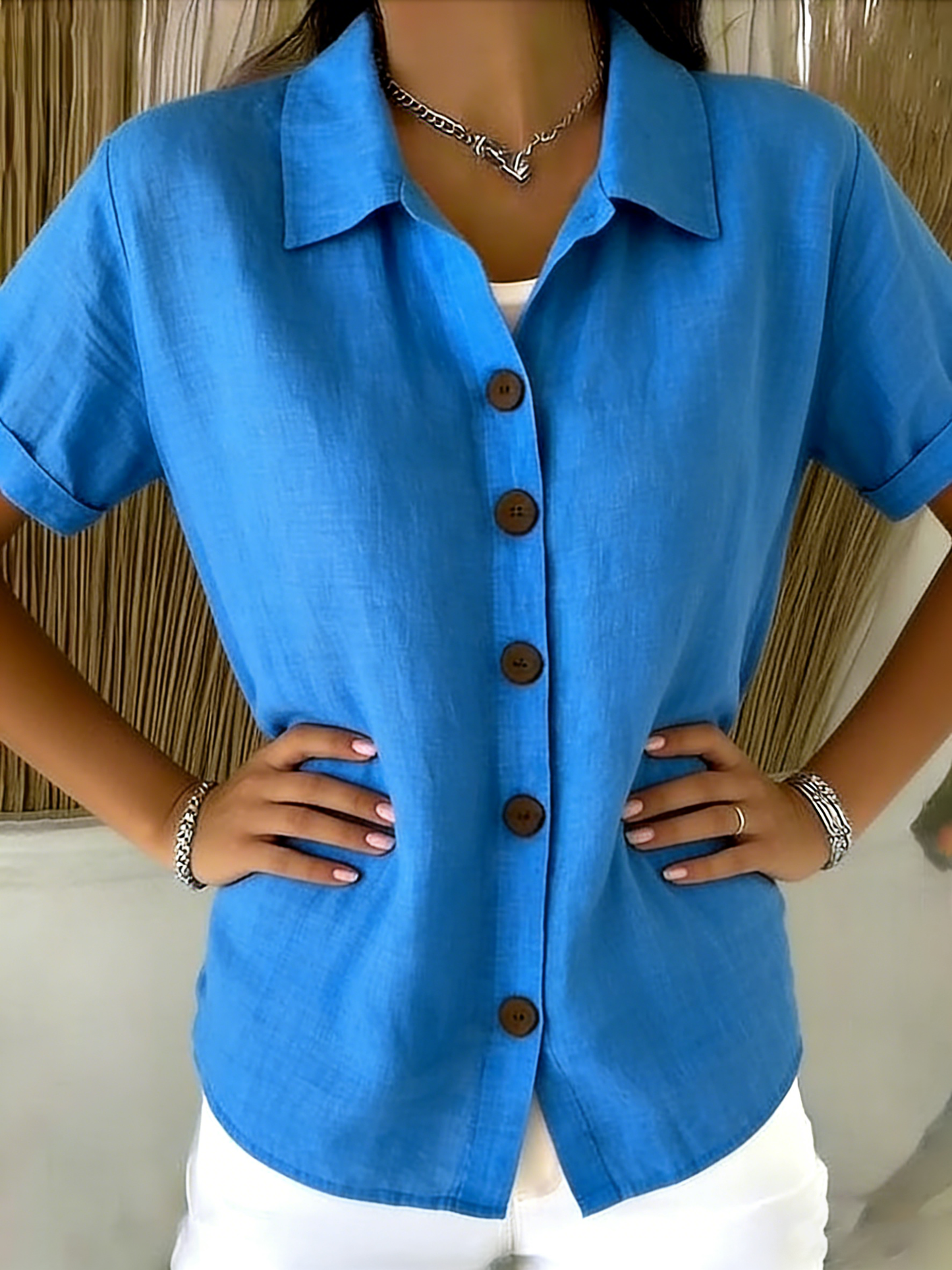 🎁New Arrivals🔥Women’s Linen Cotton Cozy Basic Button-Up Shirt – Casual Short Sleeve Summer Blouse