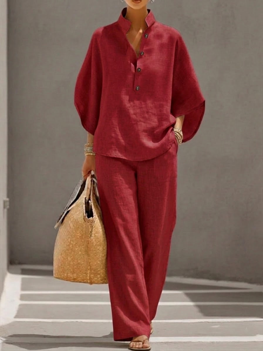 🎁New Arrivals🔥Women’s Batwing Sleeve Linen Cotton Two-Piece Set – Casual Shirt & Wide Leg Pants Outfit
