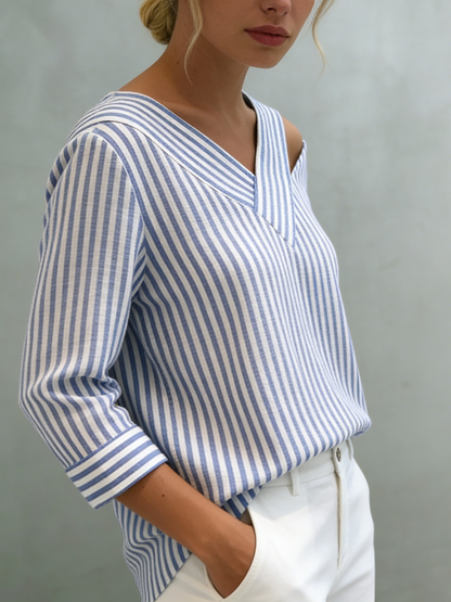 🎁New Arrivals🔥Stylish Off-shoulder Loose-fit Striped Cotton-linen Shirt
