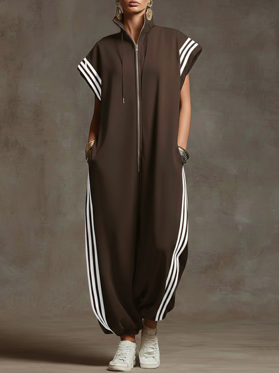 🎁New Arrivals🔥Women's Relaxed Stand-collar Short-sleeved Casual Loose Cotton Wide-leg Jumpsuit
