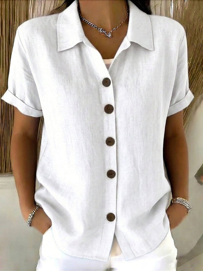 🎁New Arrivals🔥Women’s Linen Cotton Cozy Basic Button-Up Shirt – Casual Short Sleeve Summer Blouse