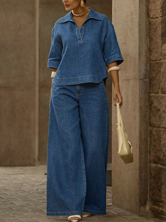 🎁New Arrivals🔥Women's Casual 100% Cotton Denim Top And Wide-leg Pants Two-piece Set