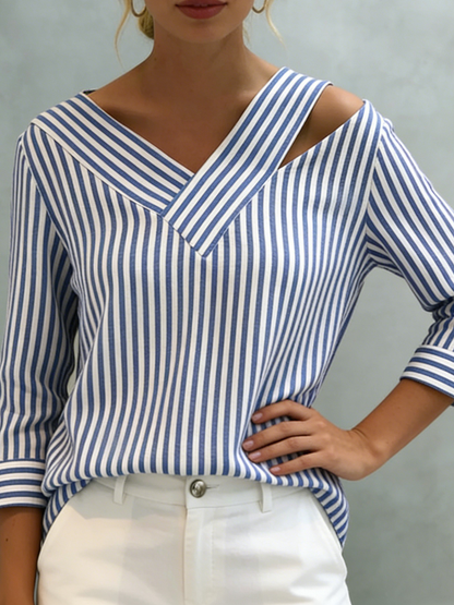 🎁New Arrivals🔥Stylish Off-shoulder Loose-fit Striped Cotton-linen Shirt