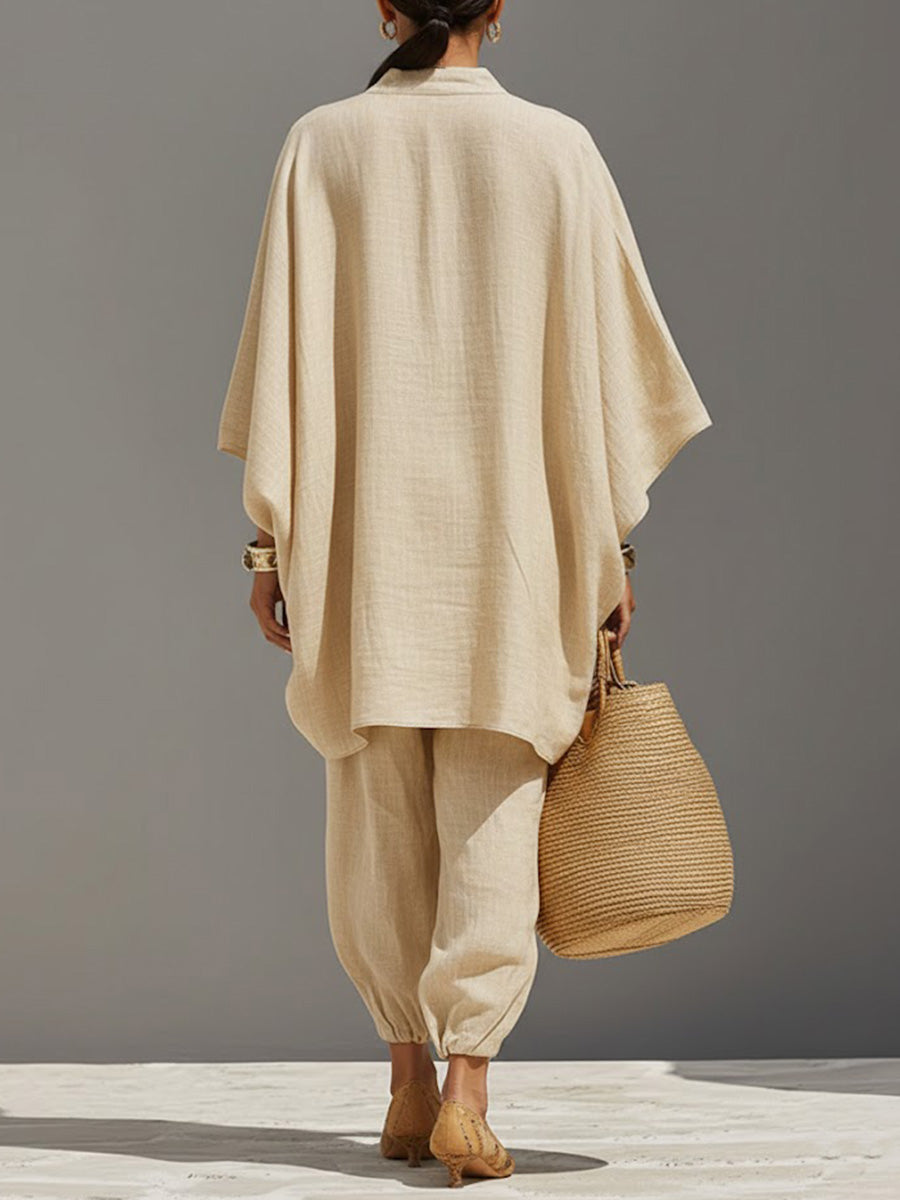 🎁New Arrivals🔥Women's Solid-Color V-Neck Long-Sleeve Relaxed-Fit Cotton-Linen Set