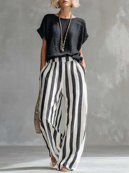 🎁New Arrivals🔥Cozy Loose-fit Striped Cotton-linen Two-piece Set