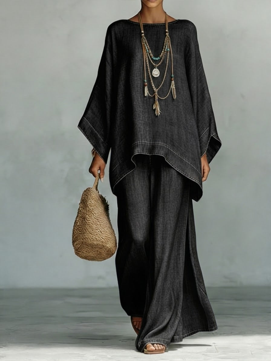 🎁New Arrivals🔥Cozy And Casual Tencel Denim Top And Wide-leg Pants Two-piece Set