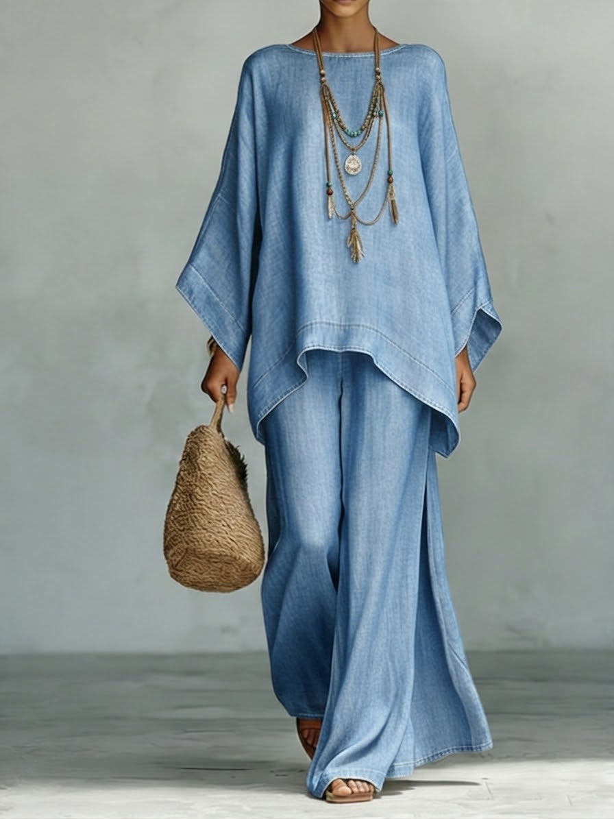 🎁New Arrivals🔥Cozy And Casual Tencel Denim Top And Wide-leg Pants Two-piece Set