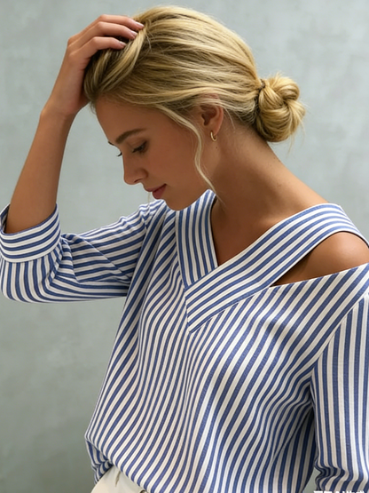 🎁New Arrivals🔥Stylish Off-shoulder Loose-fit Striped Cotton-linen Shirt