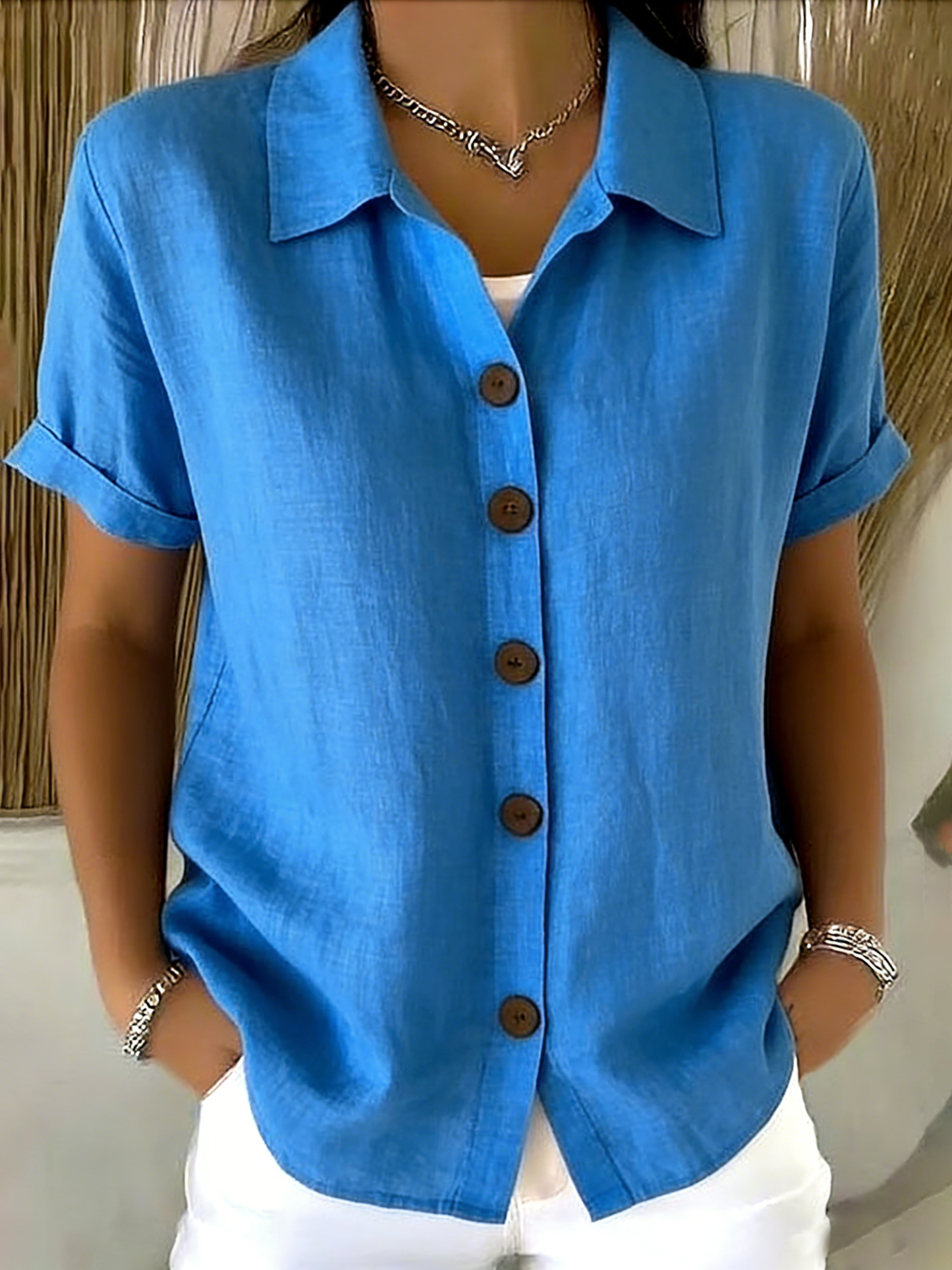 🎁New Arrivals🔥Women’s Linen Cotton Cozy Basic Button-Up Shirt – Casual Short Sleeve Summer Blouse