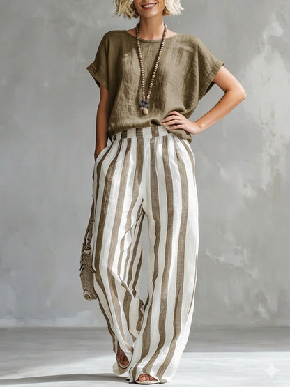 🎁New Arrivals🔥Cozy Loose-fit Striped Cotton-linen Two-piece Set