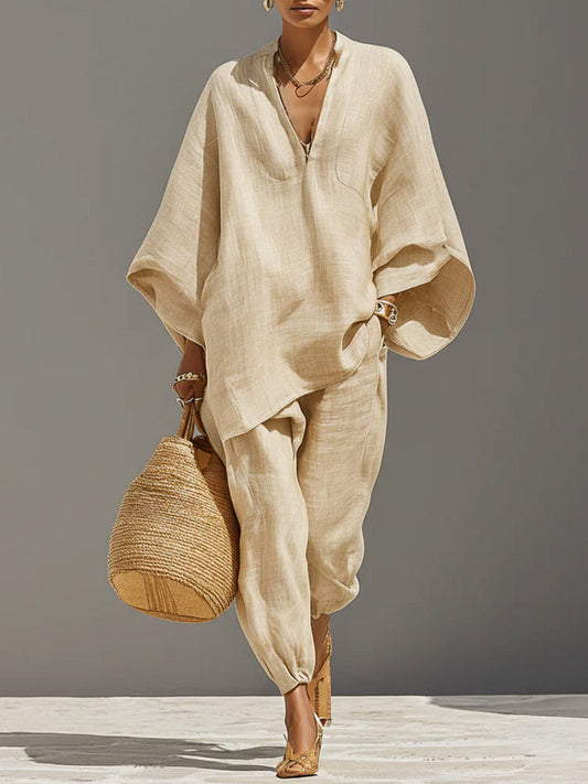 🎁New Arrivals🔥Women's Solid-Color V-Neck Long-Sleeve Relaxed-Fit Cotton-Linen Set