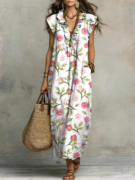 🎁New Arrivals🔥Women's Floral Pattern Art Print Casual Ruffled Stylish Cotton Linen Dress