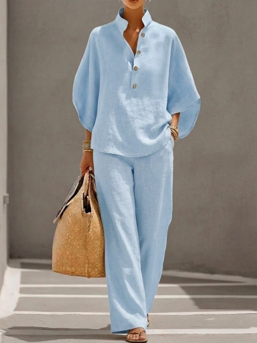 🎁New Arrivals🔥Women’s Batwing Sleeve Linen Cotton Two-Piece Set – Casual Shirt & Wide Leg Pants Outfit