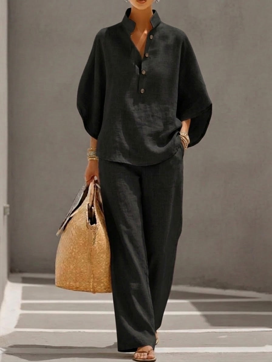 🎁New Arrivals🔥Women’s Batwing Sleeve Linen Cotton Two-Piece Set – Casual Shirt & Wide Leg Pants Outfit