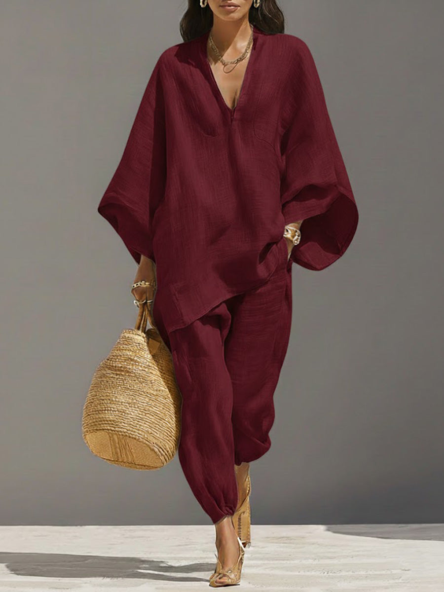 🎁New Arrivals🔥Women's Solid-Color V-Neck Long-Sleeve Relaxed-Fit Cotton-Linen Set