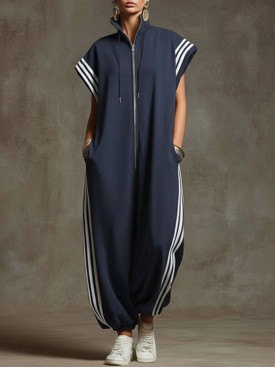 🎁New Arrivals🔥Women's Relaxed Stand-collar Short-sleeved Casual Loose Cotton Wide-leg Jumpsuit