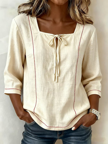 🎁New Arrivals🔥Women's Square-neck 3/4-sleeve Loose-fit Cotton-linen Top
