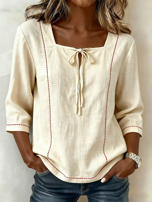 🎁New Arrivals🔥Women's Square-neck 3/4-sleeve Loose-fit Cotton-linen Top