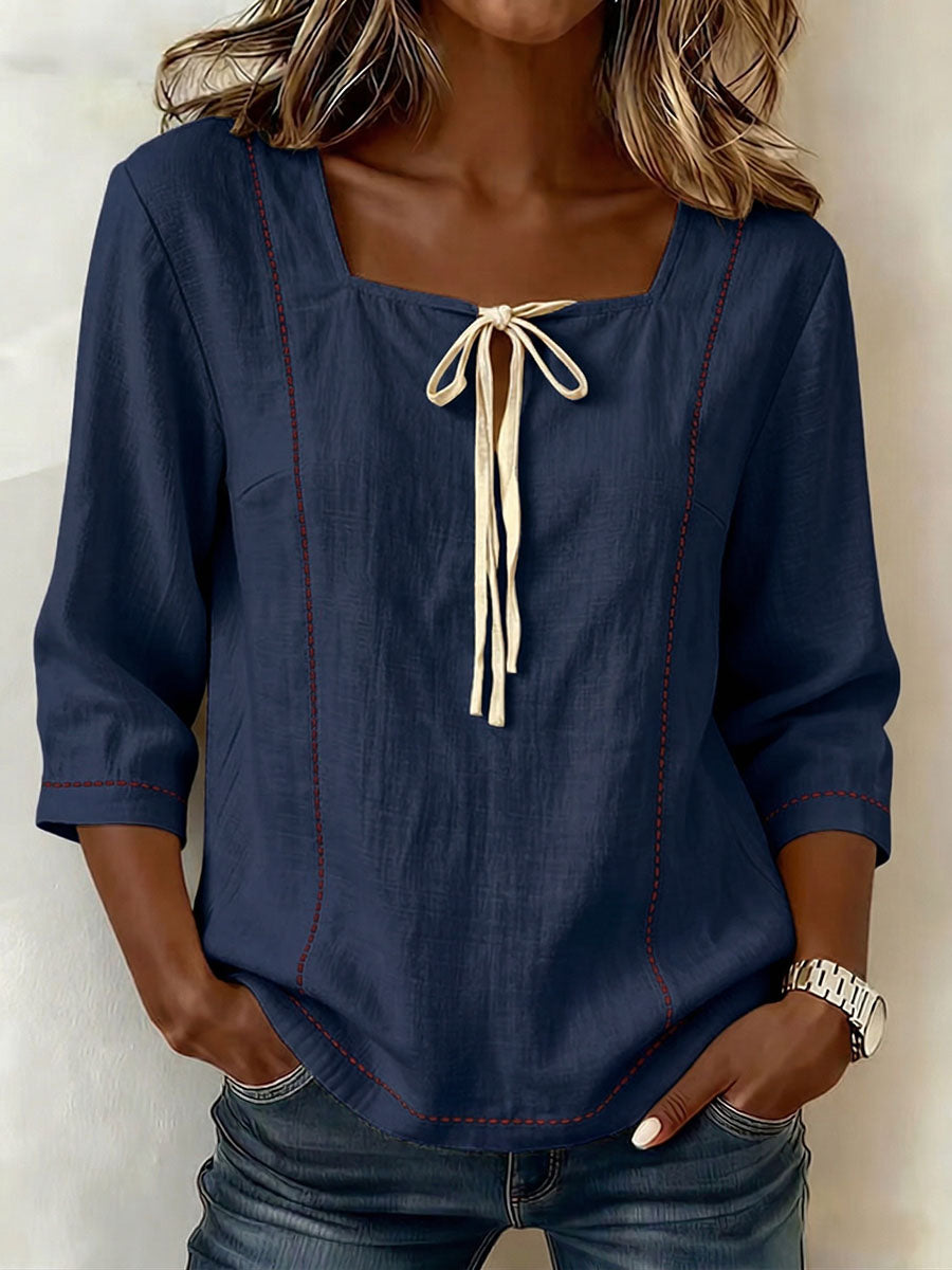 🎁New Arrivals🔥Women's Square-neck 3/4-sleeve Loose-fit Cotton-linen Top