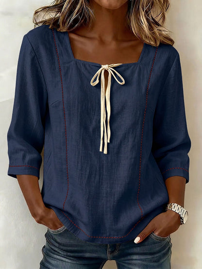 🎁New Arrivals🔥Women's Square-neck 3/4-sleeve Loose-fit Cotton-linen Top