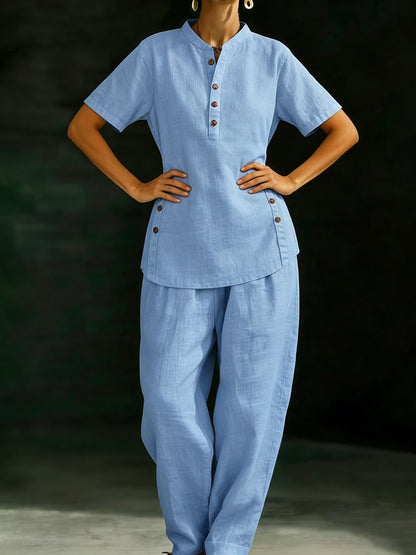 🎁New Arrivals🔥Cozy Casual Button Shirt And Wide-leg Pants Linen Two-piece Set