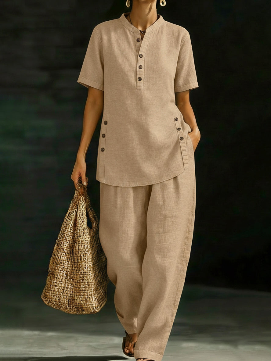 🎁New Arrivals🔥Cozy Casual Button Shirt And Wide-leg Pants Linen Two-piece Set