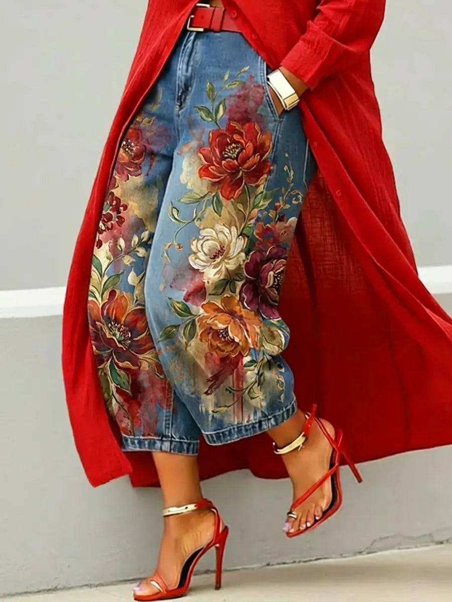 ✨✨Last Day 49% OFF🎁Women's Retro Floral Pattern Art Print Casual Jeans