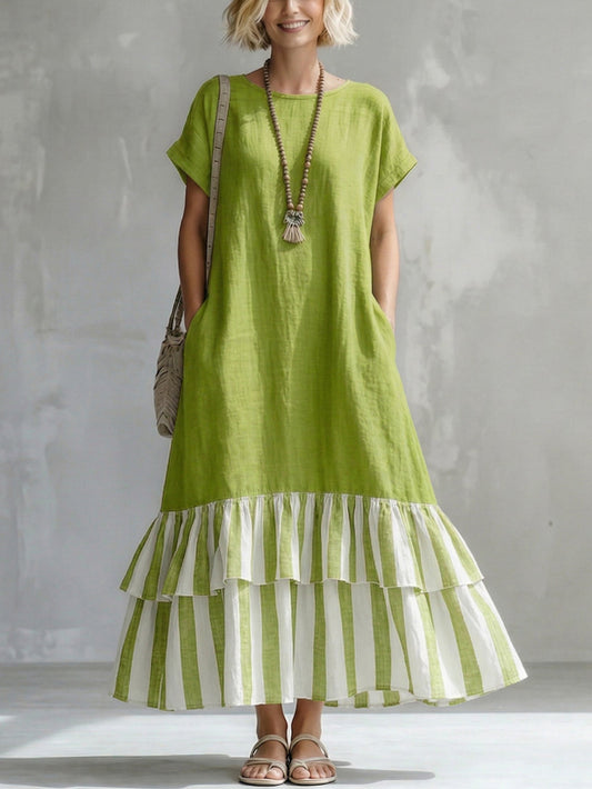 🎁New Arrivals🔥Cozy Striped Patchwork Ruffled Loose Cotton-linen Maxi Dress