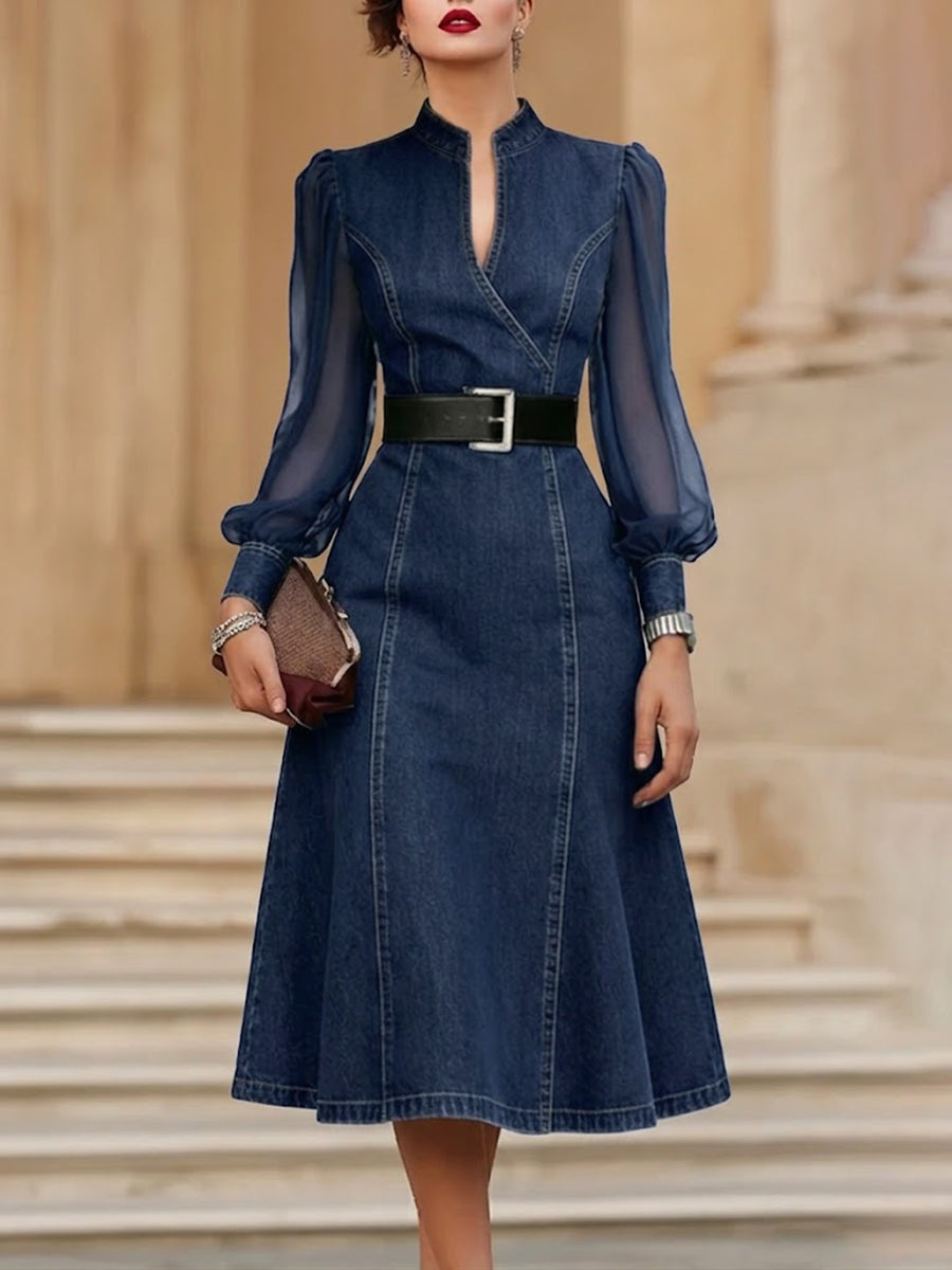 🎁New Arrivals🔥Stylish Denim Dress With Organza Sleeve Panels.