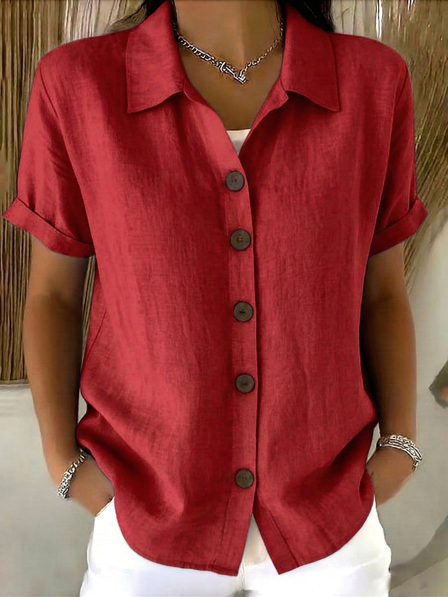 🎁New Arrivals🔥Women’s Linen Cotton Cozy Basic Button-Up Shirt – Casual Short Sleeve Summer Blouse