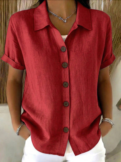 🎁New Arrivals🔥Women’s Linen Cotton Cozy Basic Button-Up Shirt – Casual Short Sleeve Summer Blouse