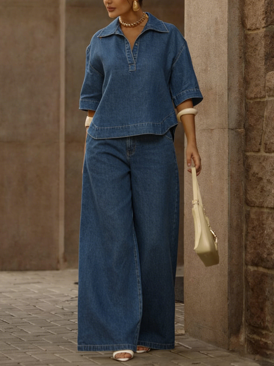 🎁New Arrivals🔥Women's Casual 100% Cotton Denim Top And Wide-leg Pants Two-piece Set